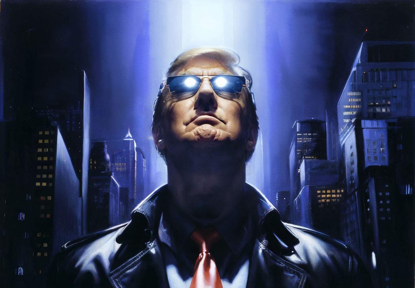 masterpiece:1.2, best quality, absurdres, outside, night, city, cyberpunk, trench coat, sun glasses, red tie, front view, ...